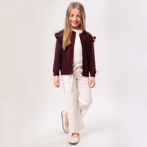 Cardigan Infantil Feminino Tricot Tranças com Babados - VINHO