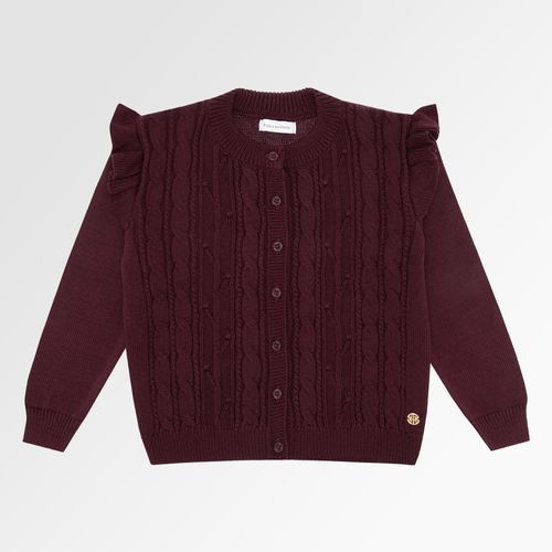 Cardigan Infantil Feminino Tricot Tranças com Babados - VINHO