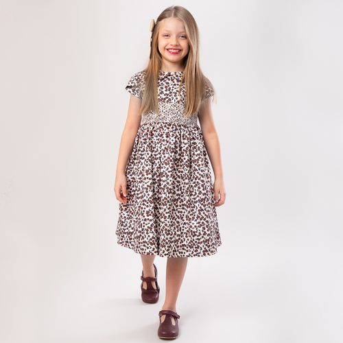 Vestido Infantil Feminino Ponto Smock Fustão Estampa Cherry - CRU