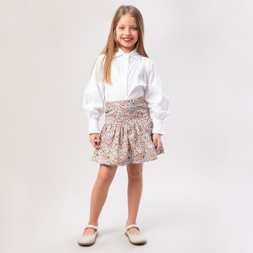 Saia Infantil Feminina Fustão Estampa Flowers com Pala - BEGE