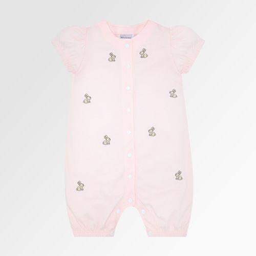 Macacão de Bebê Feminino Curto Egípcio Gold Fio 50 Bordado de Coelhos - ROSA BEBE