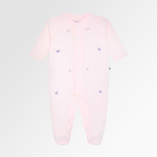 Macacão de Bebê Feminino Longo Egípcio Gold Fio 50 Bordado de Borboletas - ROSA BEBE