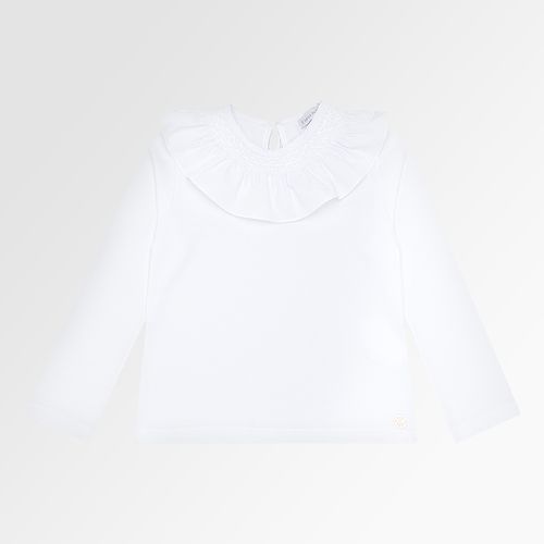 Blusa Infantil Feminina Manga Longa Cotton Gola Ponto Smock - BRANCO