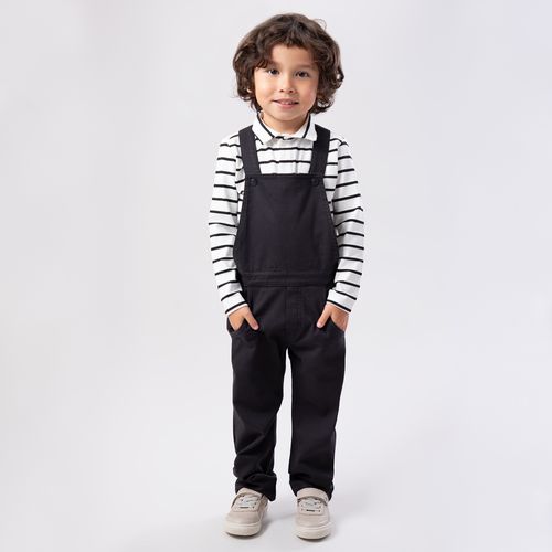 Jardineira de Bebê Masculina Sarja Maquinetada com Bolso - PRETO