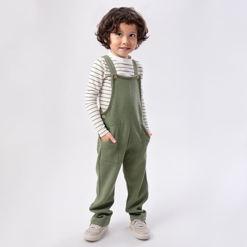 Conjunto de Jardineira de Bebê Masculina Moletom com Camiseta Listrada - VERDE