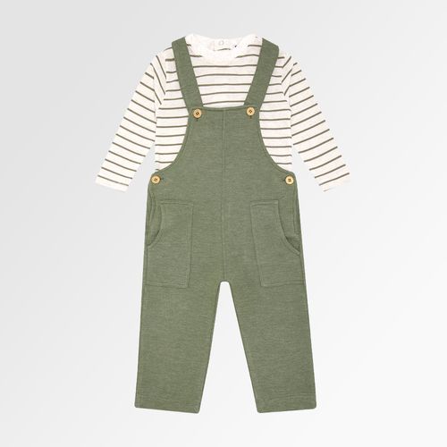 Conjunto de Jardineira de Bebê Masculina Moletom com Camiseta Listrada - VERDE