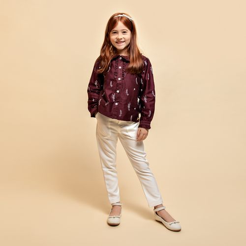 Bata Infantil Feminina Manga Longa Cotton Fio 60 Bordada - BORDO
