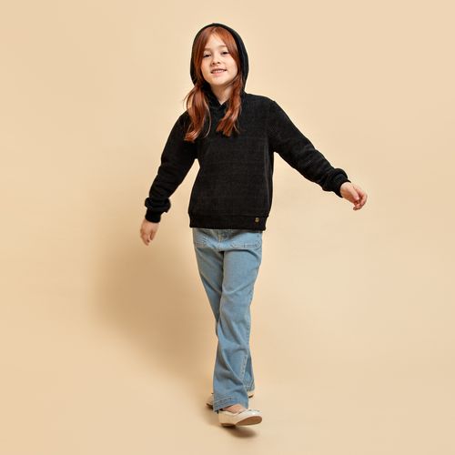 Blusa Infantil Feminina Manga Longa Chenille com Capuz - PRETO