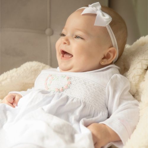 Macacão Vestido de Bebê Feminino Longo Ponto Smock - BRANCO