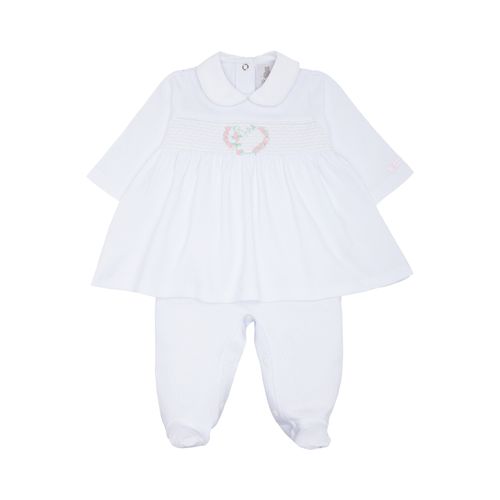 Macacão Vestido de Bebê Feminino Longo Ponto Smock - BRANCO