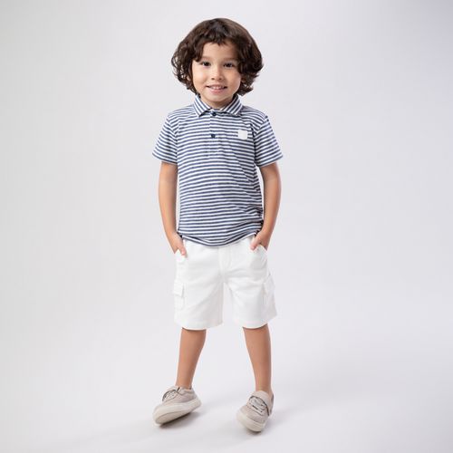 Conjunto de Bebê Masculino Listrado com Bermuda Anarruga - AZUL MARINHO
