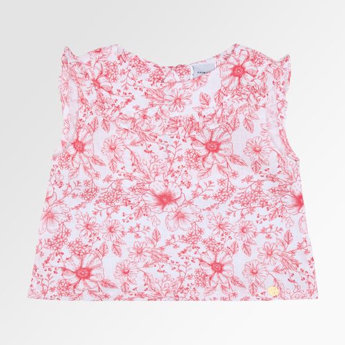 Bata Infantil Feminina Manga Curta Puro Linho Estampa Floral - VERMELHO