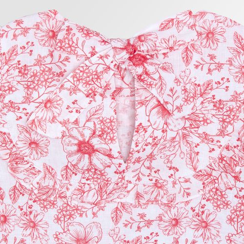 Bata Infantil Feminina Manga Curta Puro Linho Estampa Floral - VERMELHO