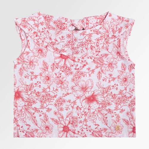 Bata de Bebê Feminina Manga Curta Puro Linho Estampa Floral - VERMELHO