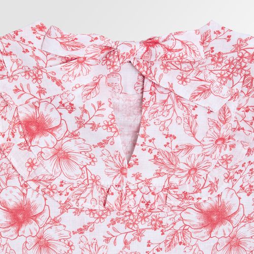 Bata de Bebê Feminina Manga Curta Puro Linho Estampa Floral - VERMELHO