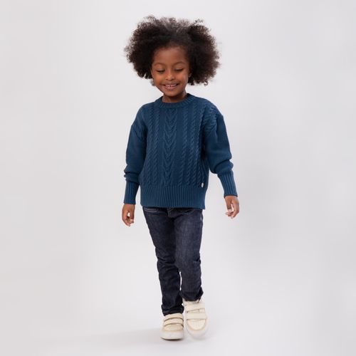 Blusa Tricot de Bebê Feminina Ponto Trança Barra Canelada - AZUL