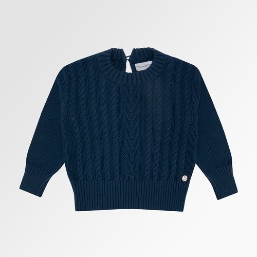 Blusa Tricot de Bebê Feminina Ponto Trança Barra Canelada - AZUL
