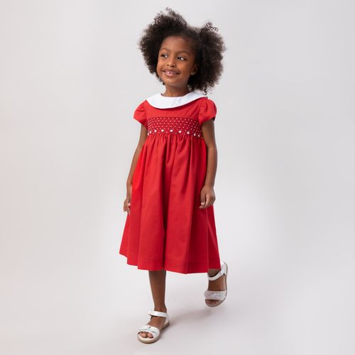 Vestido de Bebê Feminino Fustão Fio 60 com Bordado Ponto Smock - VERMELHO