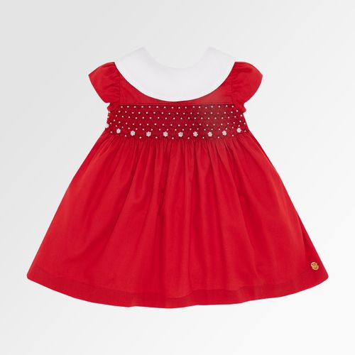 Vestido de Bebê Feminino Fustão Fio 60 com Bordado Ponto Smock - VERMELHO