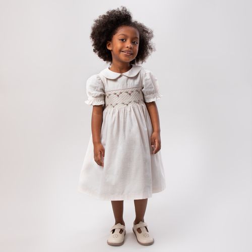 Vestido de Bebê Feminino Ponto Smock Anarruga com Bordados - BEGE