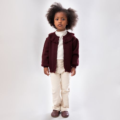Cardigan Tricot de Bebê Feminino Ponto Colméia com Babados - VINHO