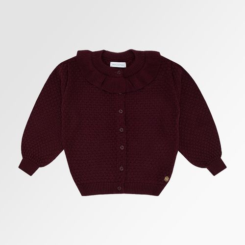 Cardigan Tricot de Bebê Feminino Ponto Colméia com Babados - VINHO