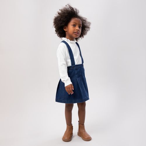 Salopete de Bebê Feminina Jeans com Pregas - AZUL MARINHO