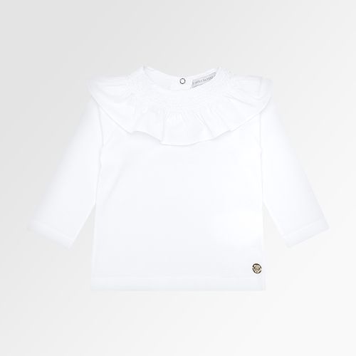 Blusa de Bebê Feminina Manga Longa Cotton Gola Ponto Smock - BRANCO