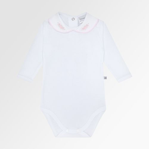 Body de Bebê Feminino Manga Longa Algodão Egípcio Bordado Flores - BRANCO