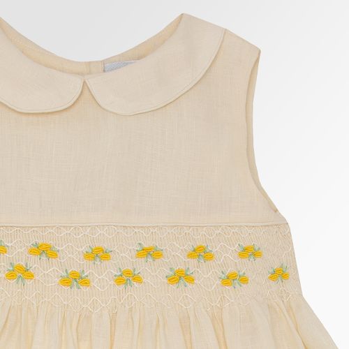 Vestido Infantil Feminino Puro Linho Bordado Ponto Smock - AMARELO