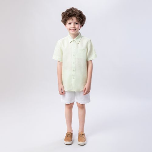 Camisa Infantil Masculina Manga Curta Puro Linho com Bolso - VERDE