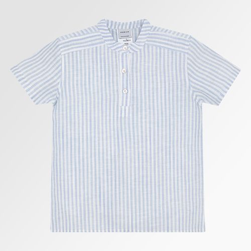 Bata Infantil Masculina Manga Curta Linho Listrada - AZUL