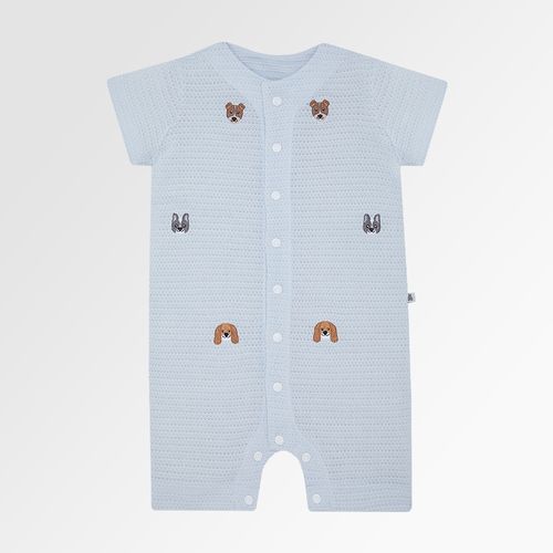 Macacão de Bebê Masculino Curto Tricot Jetty Bordado Cachorrinhos - AZUL BEBE