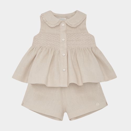 Conjunto de Bebê Feminino Puro Linho Ponto Smock - PALHA