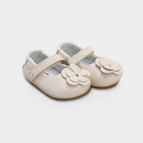 Sapato Boneca de Bebê Feminino Couro Flor Aplicada - OFF WHITE