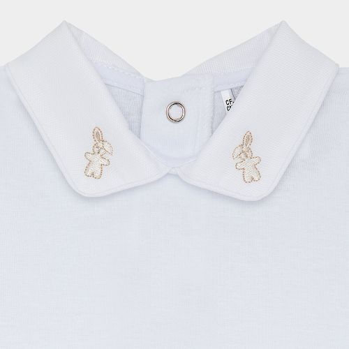 Body de Bebê Canelado Manga Curta Unissex Algodão Egípcio Bordado Coelho - BRANCO