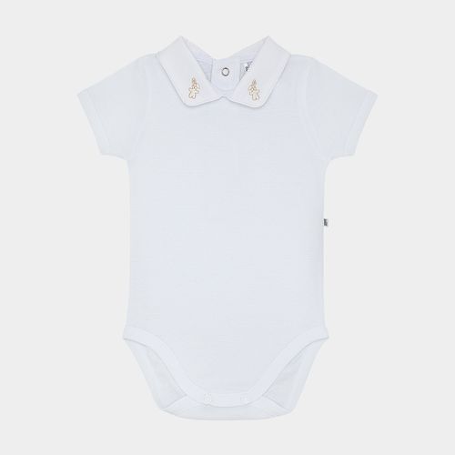 Body de Bebê Canelado Manga Curta Unissex Algodão Egípcio Bordado Coelho - BRANCO