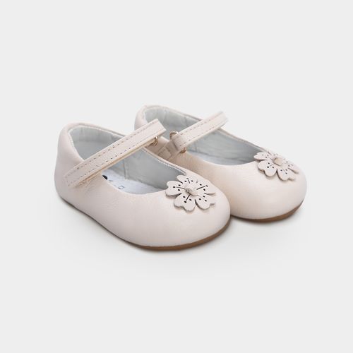 Sapato Boneca de Bebê Feminino Couro com Flor Frontal - OFF WHITE