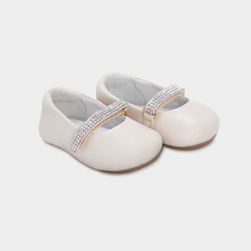 Sapato Boneca de Bebê Feminino Couro Tiras Cristal - OFF WHITE