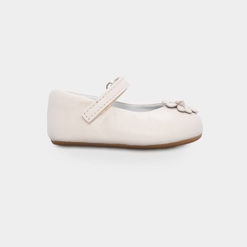 Sapato Boneca de Bebê Feminino Couro com Flor Frontal - OFF WHITE