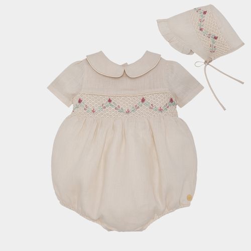 Romper de Bebê Feminino Puro Linho com Bordados - KAKI