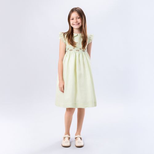 Vestido Infantil Feminino Puro Linho Ponto Smock - VERDE