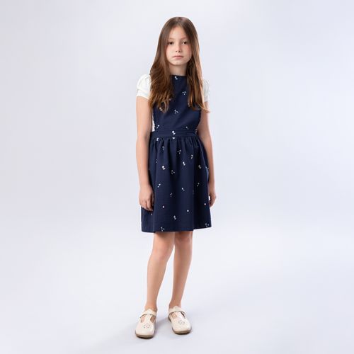 Salopete Infantil Feminina Anarruga com Bordados - AZUL MARINHO