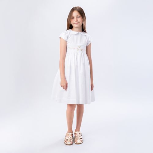 Vestido Infantil Feminino Fustão Fio 60 Bordado Ponto Smock - BRANCO