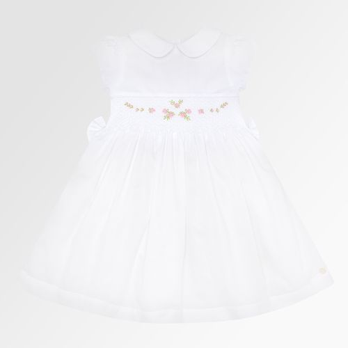 Vestido Infantil Feminino Fustão Fio 60 Bordado Ponto Smock - BRANCO
