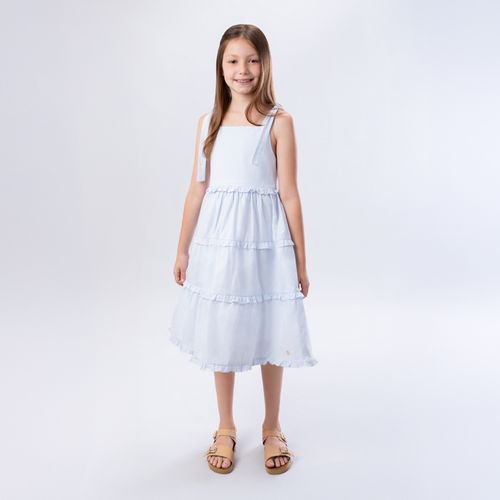 Vestido Infantil Feminino Anarruga Listrado com Babados - AZUL BEBE