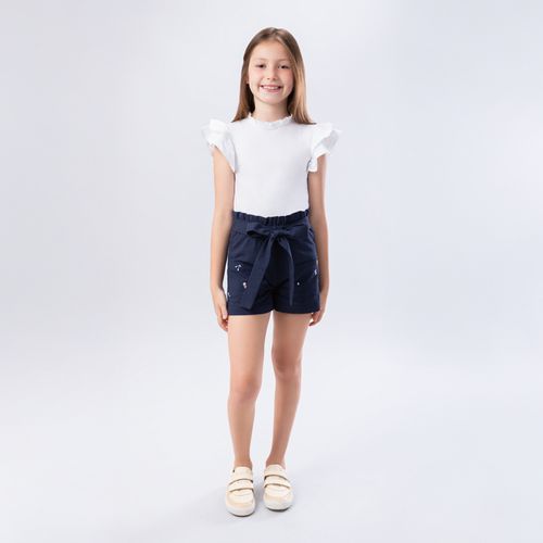 Shorts Infantil Feminino Anarruga com Bordados - AZUL MARINHO