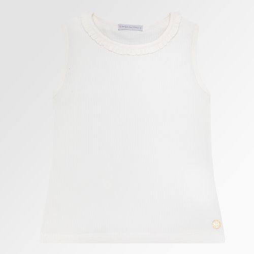 Regata Infantil Feminina Manga Curta Canelada com Babados - OFF WHITE