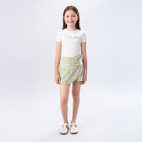 Blusa Infantil Feminina Canelada Manga Curta com Babados - OFF WHITE