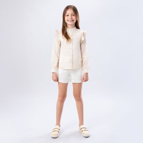 Bata Infantil Feminina Manga Longa Algodão Egípcio Fio 60 com Babados - OFF WHITE
